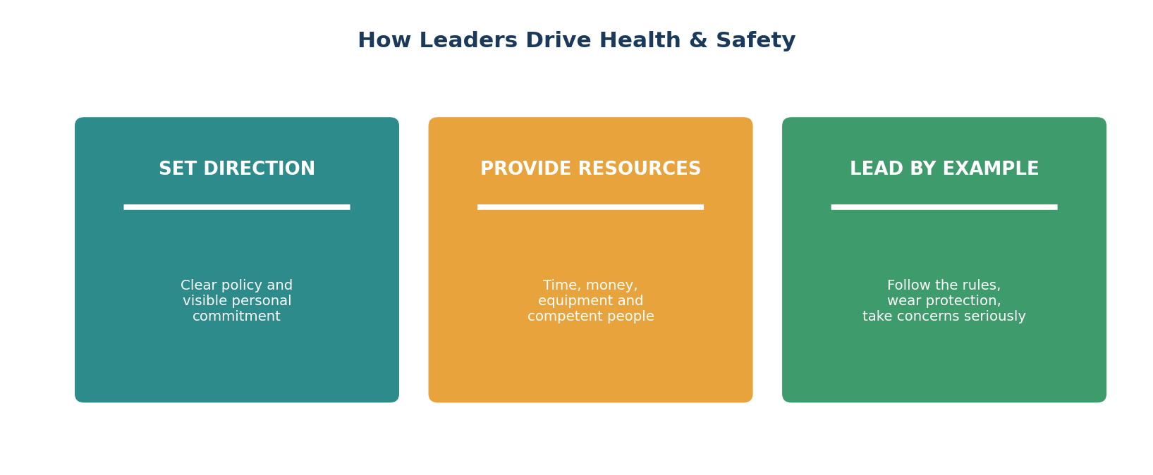 Three ways leaders drive health and safety: set direction, provide resources, lead by example